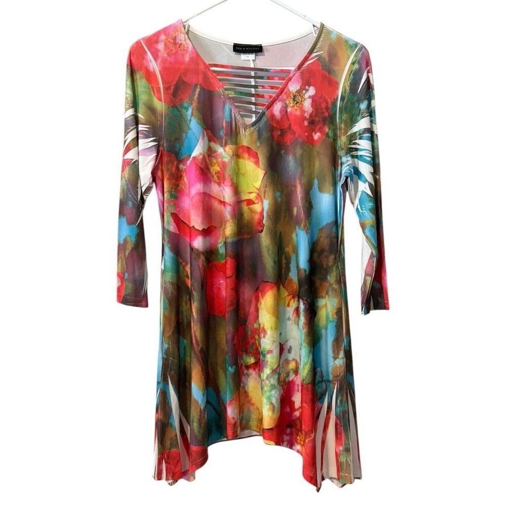 Sea & Anchor 3/4 Sleeve Shark Hem V Neck Tunic Size M Stretch Colorful Business